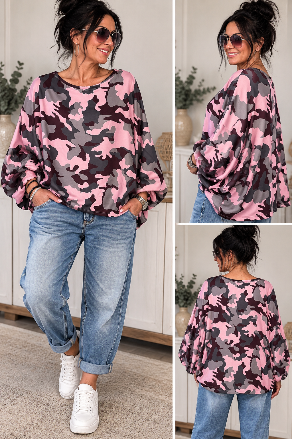 Oversize Oberteil mit voluminösen Ärmeln – Camouflage & Unifarben 💕