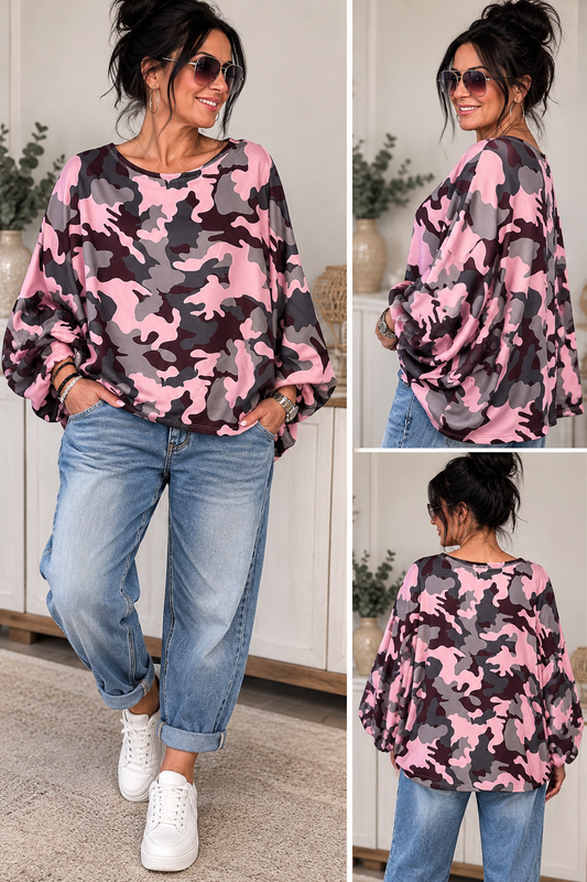 Oversize Oberteil mit voluminösen Ärmeln – Camouflage & Unifarben 💕