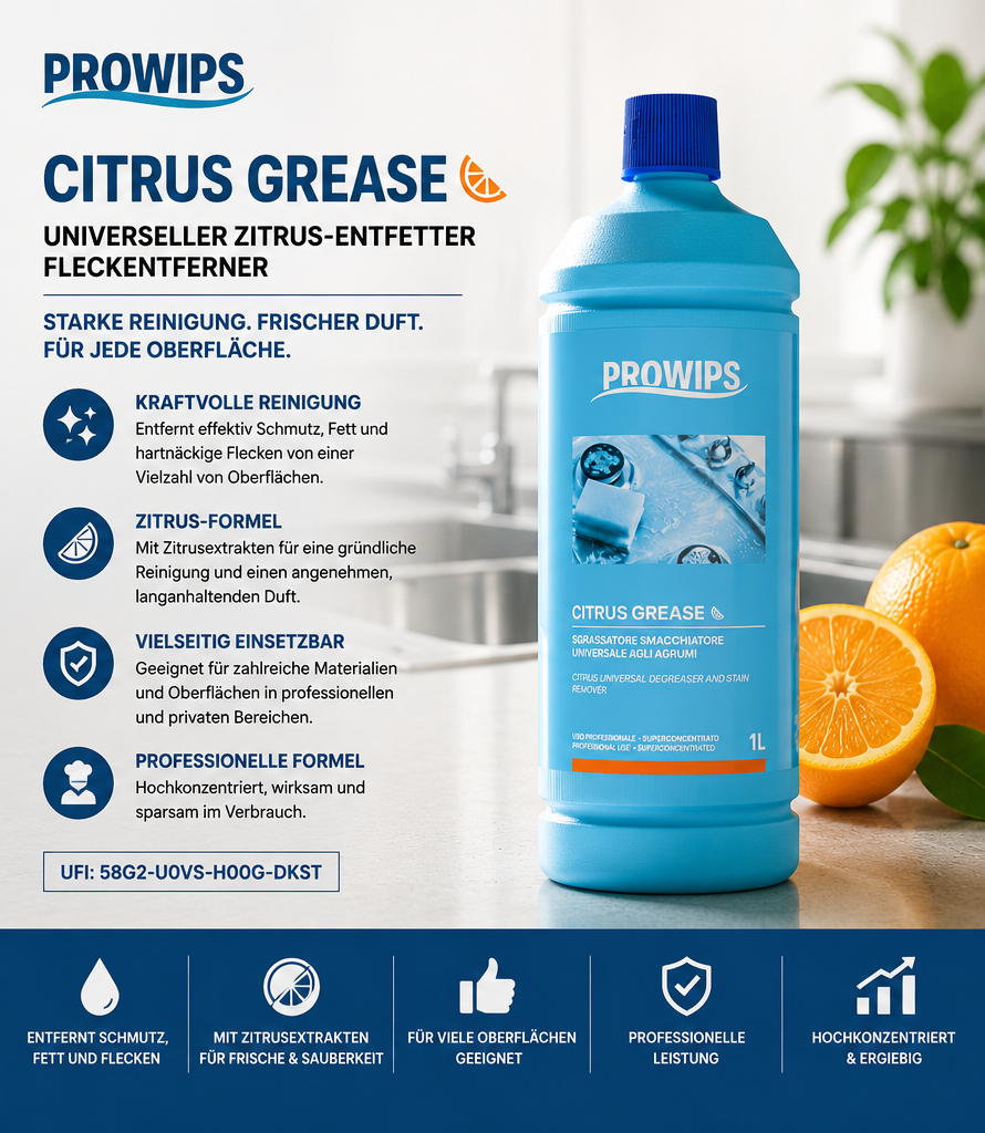PROWIPS Citrus Grease – Universeller Zitrus-Entfetter & Fleckenentferner 1L