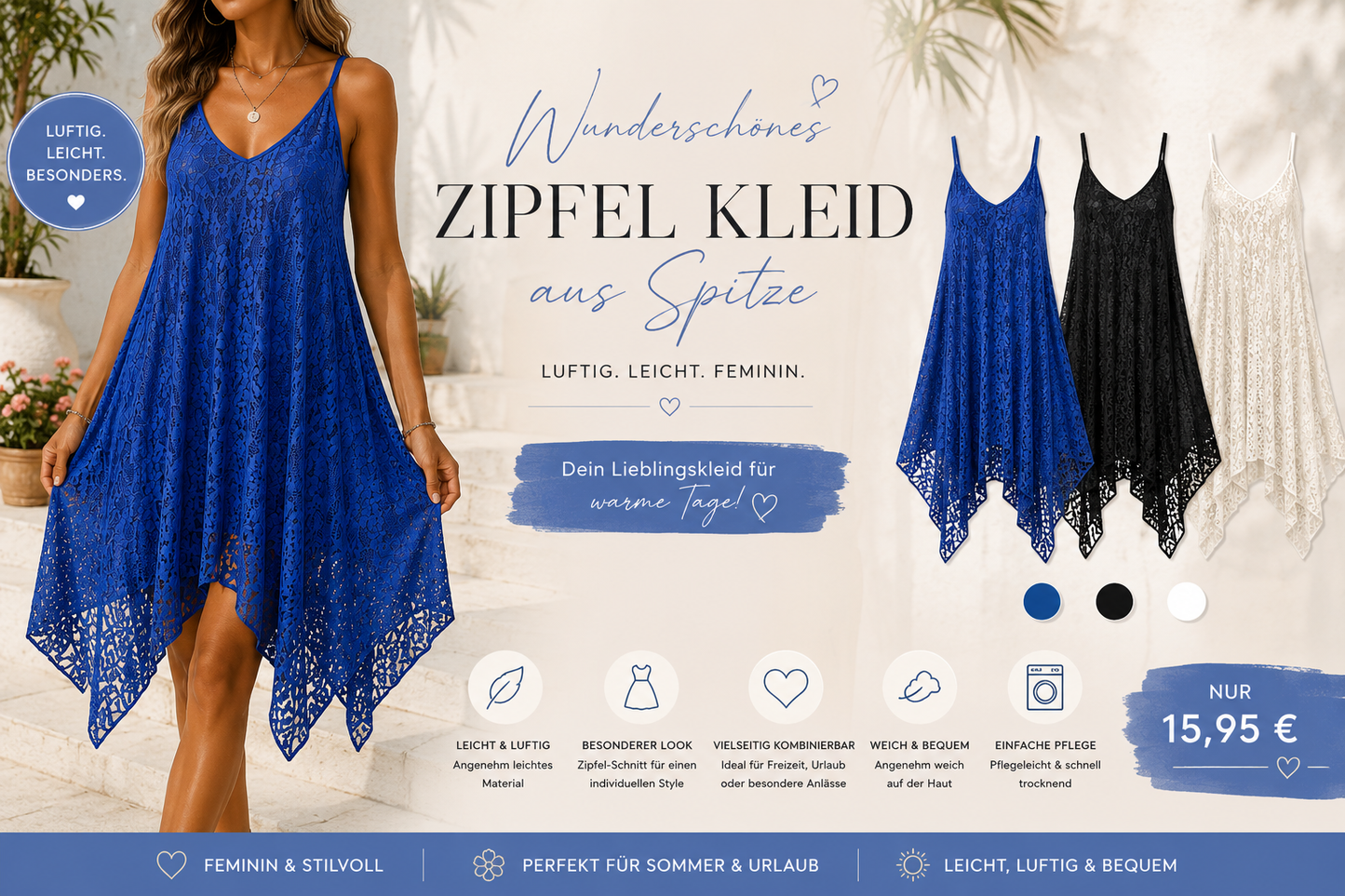 💙 Zipfel Kleid aus Spitze – Luftig, feminin & besonders 💙