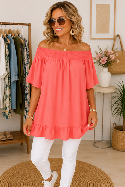 Off-Shoulder Bluse mit Volant – Luftig & Feminin