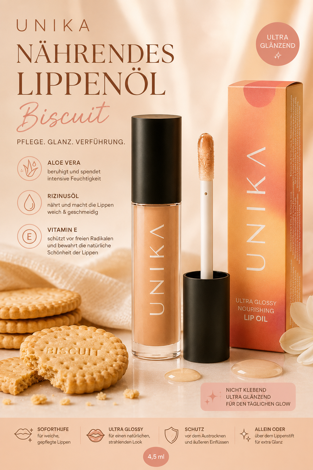 UNIKA Nährendes Lippenöl „Biscuit“ – 4,5 ml