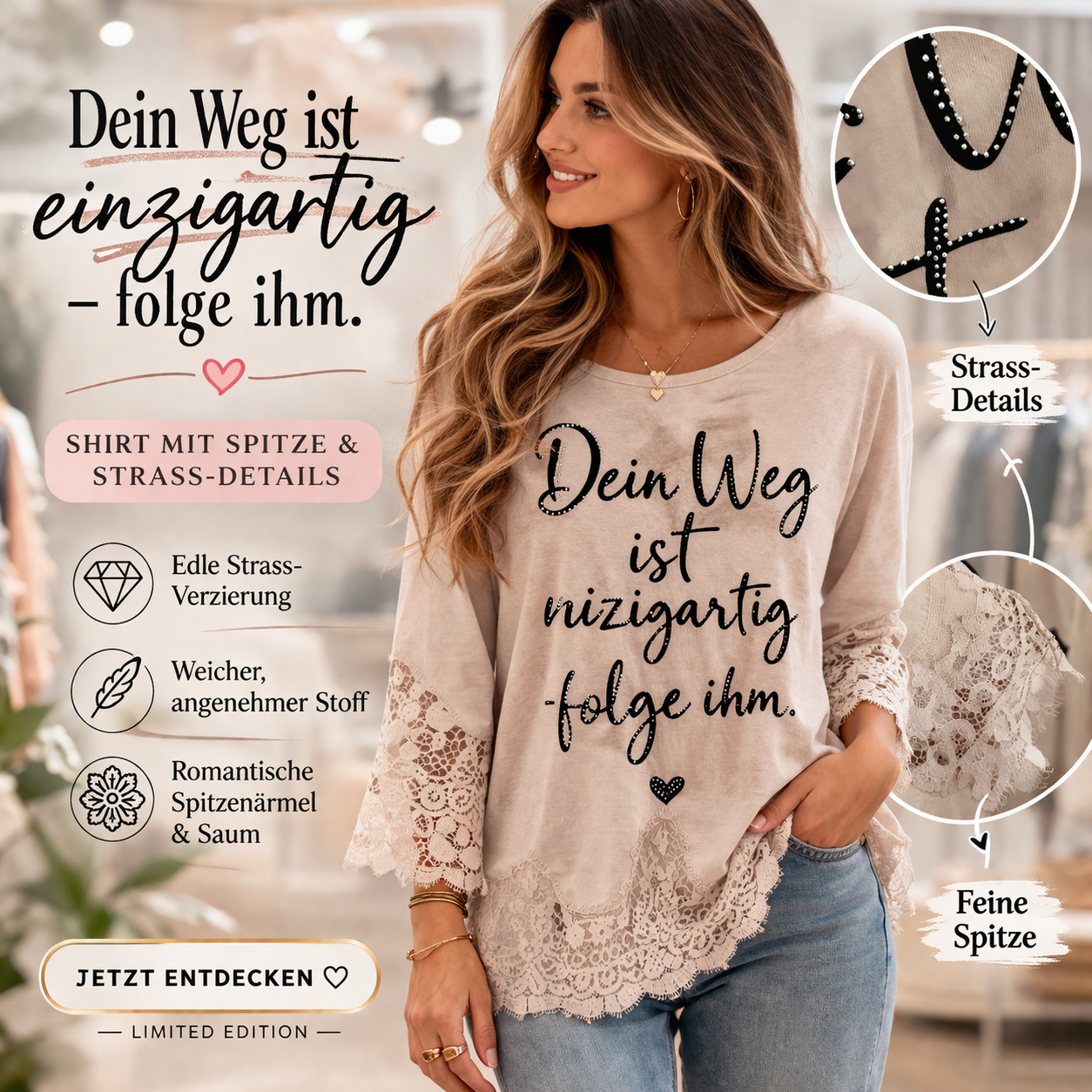 ✨ Statement Shirt mit Spitze & Strass ✨Dein Weg ist einzigartig – folge ihm 🤍