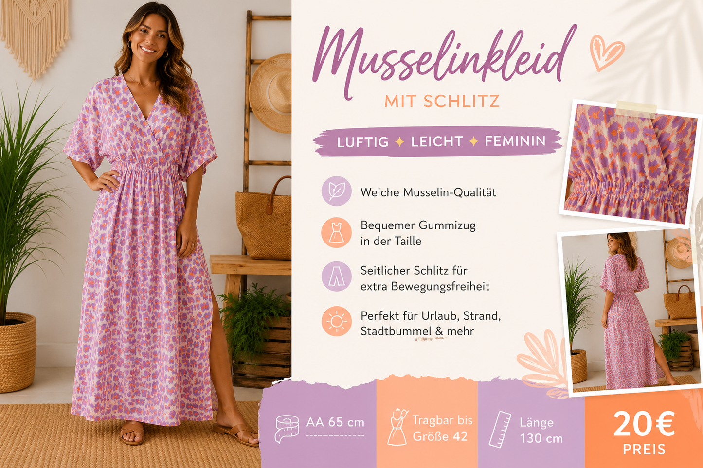 💜🧡 Musselin-Kleid mit Schlitz 🧡💜