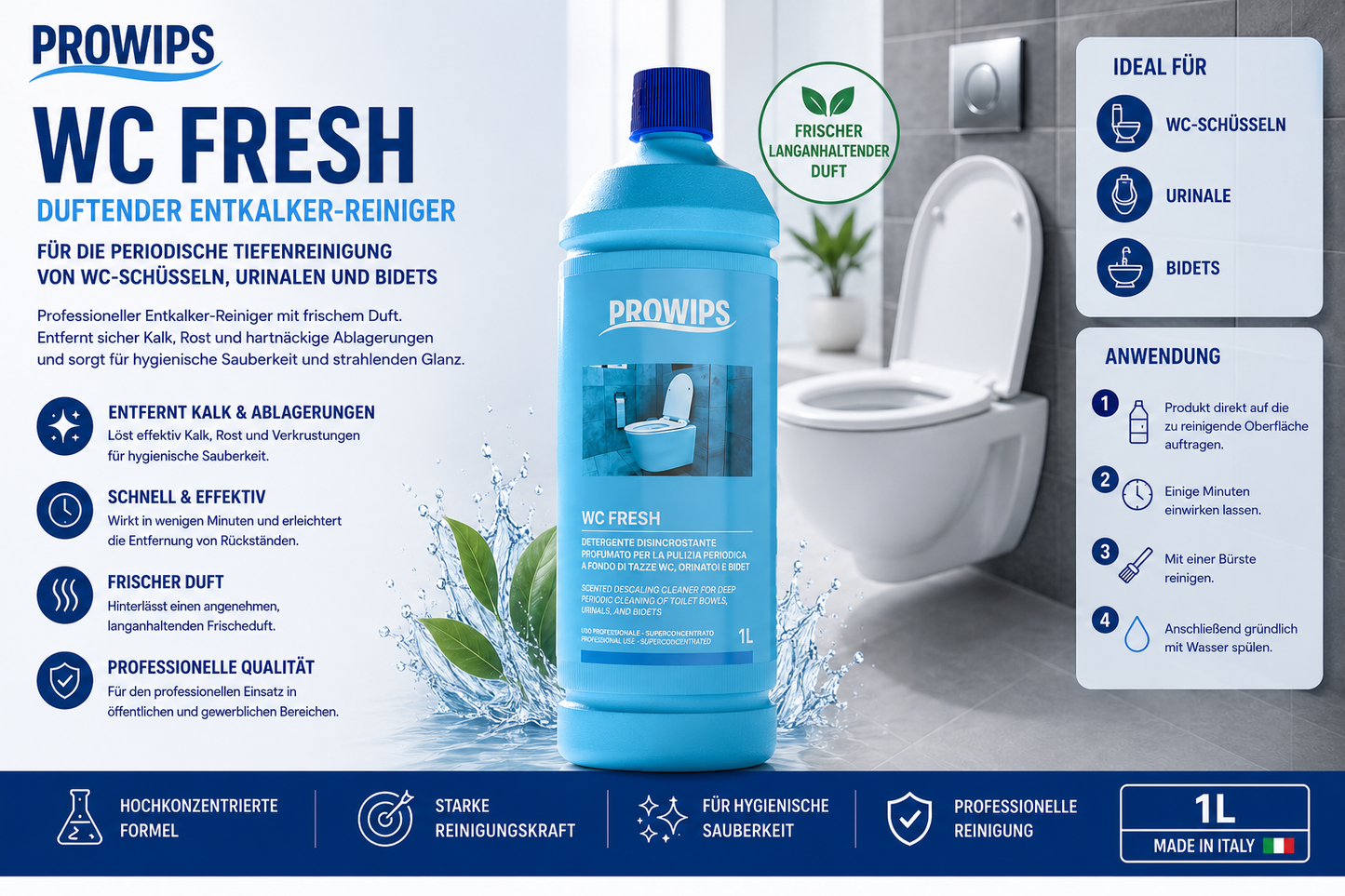 ProWips WC Fresh – Duftender Entkalker-Reiniger für WC, Urinale & Bidets (1 L)