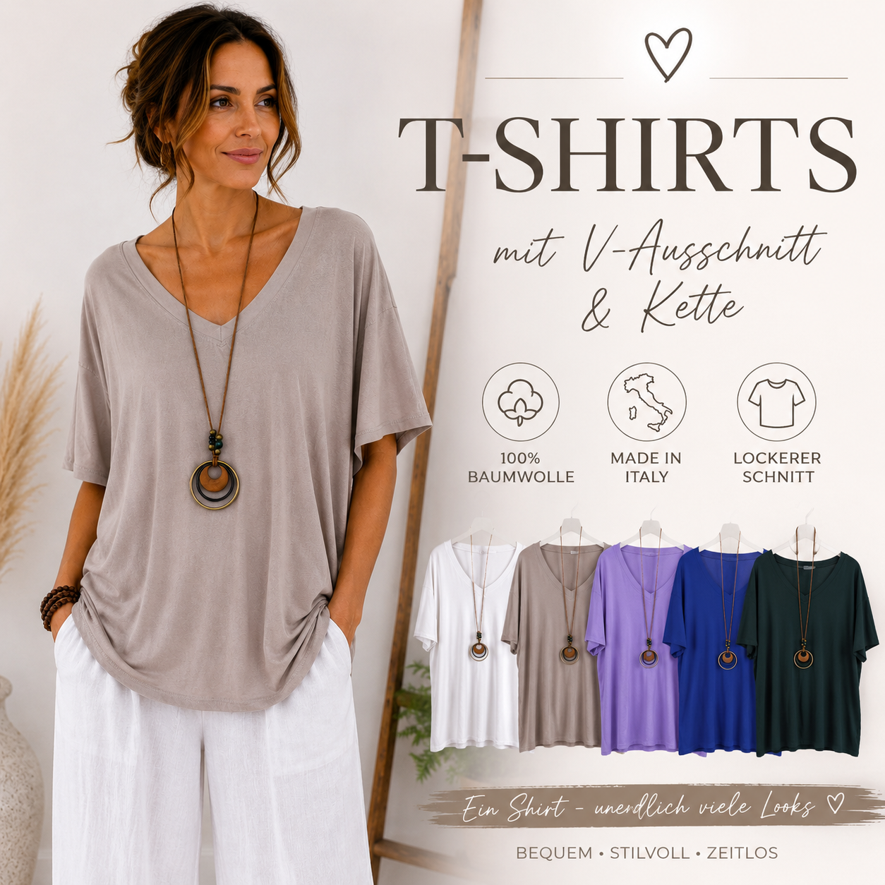 T-Shirt mit V-Ausschnitt & Kette – Made in Italy