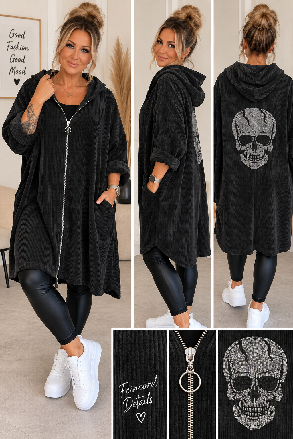 Oversize Feincordjacke mit Strass-Totenkopf