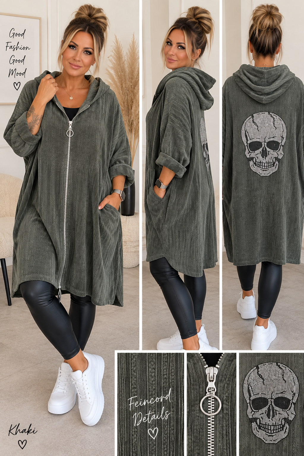 Oversize Feincordjacke mit Strass-Totenkopf