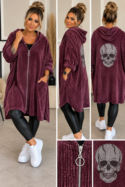Oversize Feincordjacke mit Strass-Totenkopf