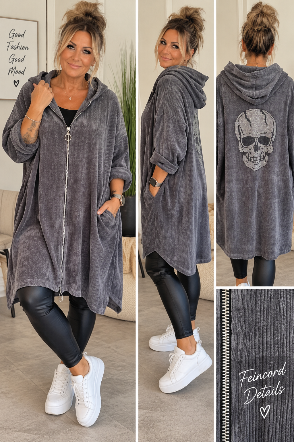 Oversize Feincordjacke mit Strass-Totenkopf