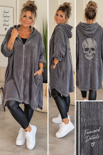 Oversize Feincordjacke mit Strass-Totenkopf