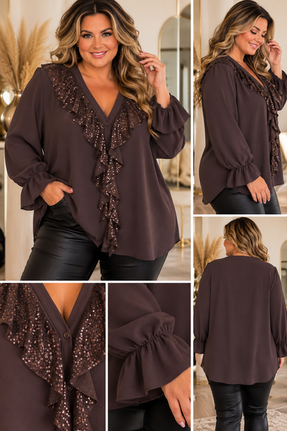 ✨ Curvy Glamour Bluse mit Pailletten-Volants – Made in Italy