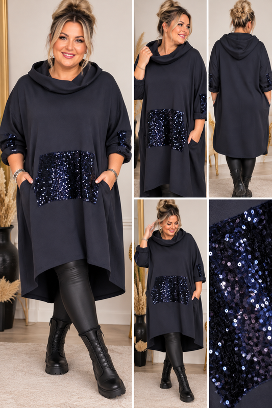 Curvy Longhoodie mit Pailletten & Kapuze – Oversize Hoodie-Kleid | Vokuhila