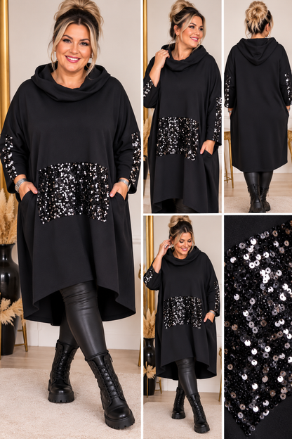 Curvy Longhoodie mit Pailletten & Kapuze – Oversize Hoodie-Kleid | Vokuhila