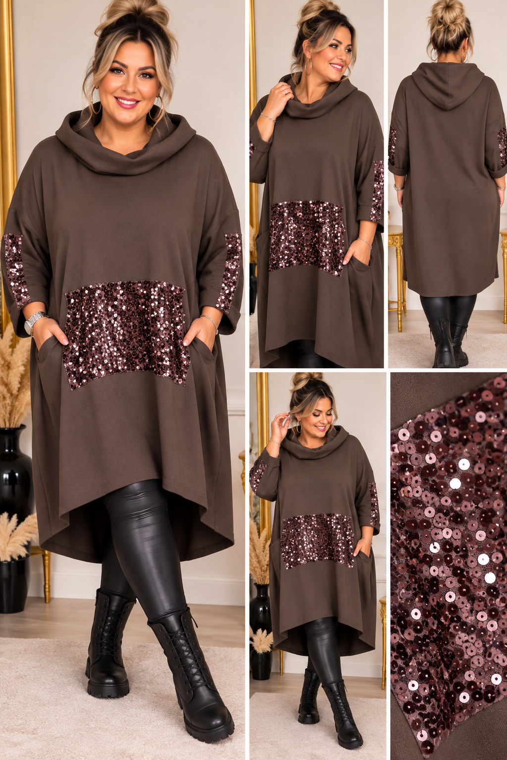 Curvy Longhoodie mit Pailletten & Kapuze – Oversize Hoodie-Kleid | Vokuhila