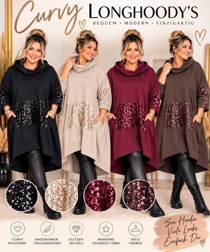 Curvy Longhoodie mit Pailletten & Kapuze – Oversize Hoodie-Kleid | Vokuhila