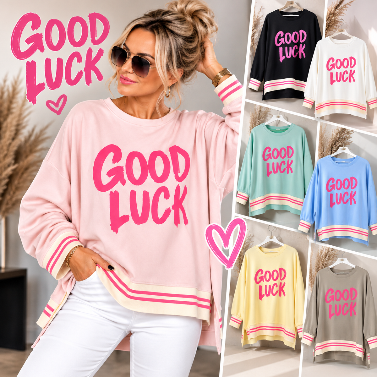 GOOD LUCK Oversize Pullover – Statement Sweater mit Streifenbündchen