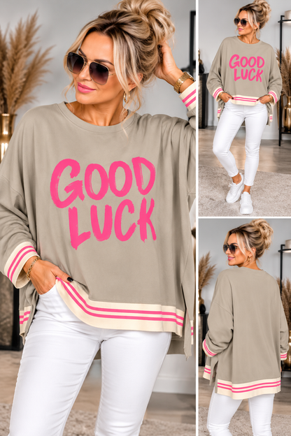 GOOD LUCK Oversize Pullover – Statement Sweater mit Streifenbündchen