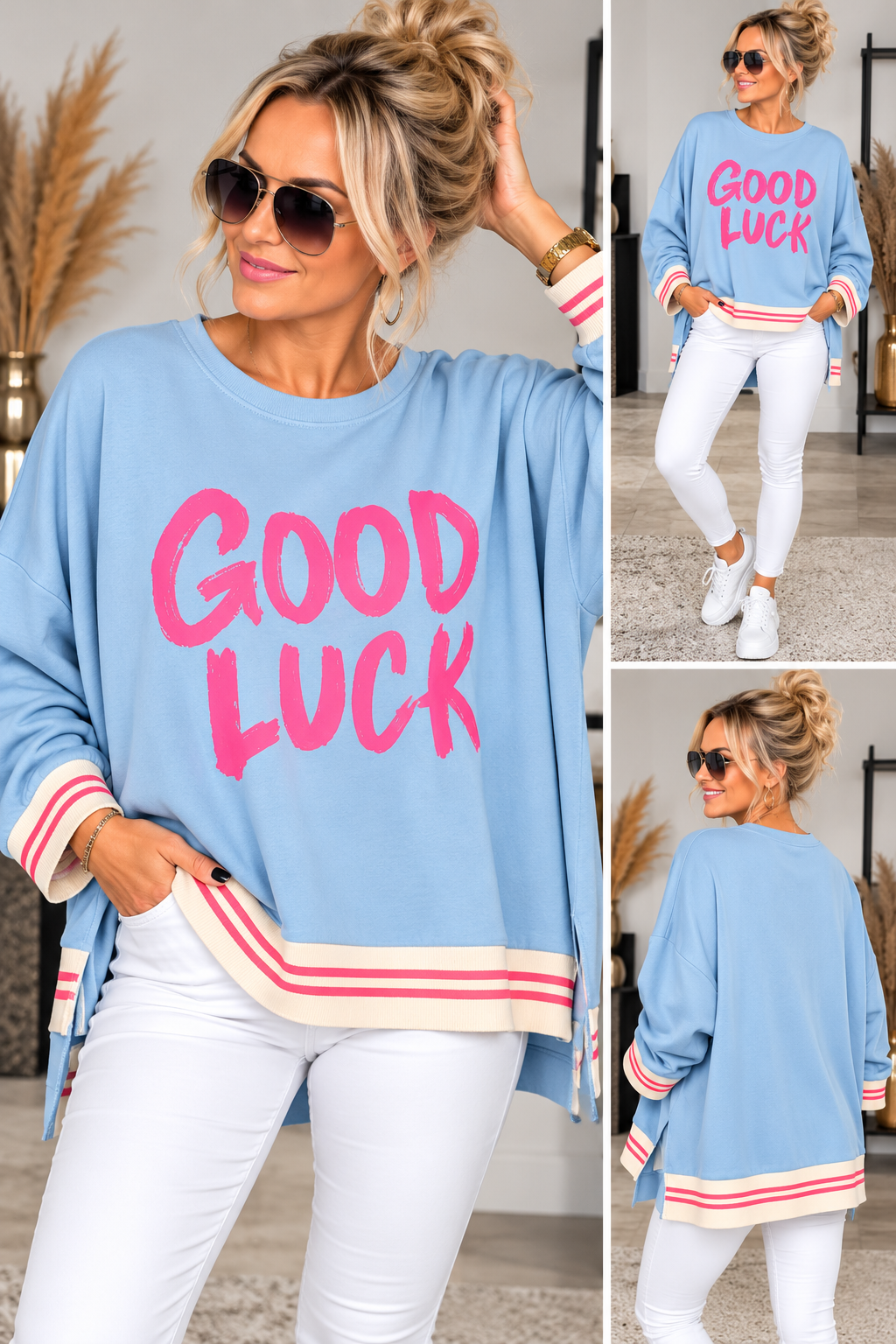 GOOD LUCK Oversize Pullover – Statement Sweater mit Streifenbündchen