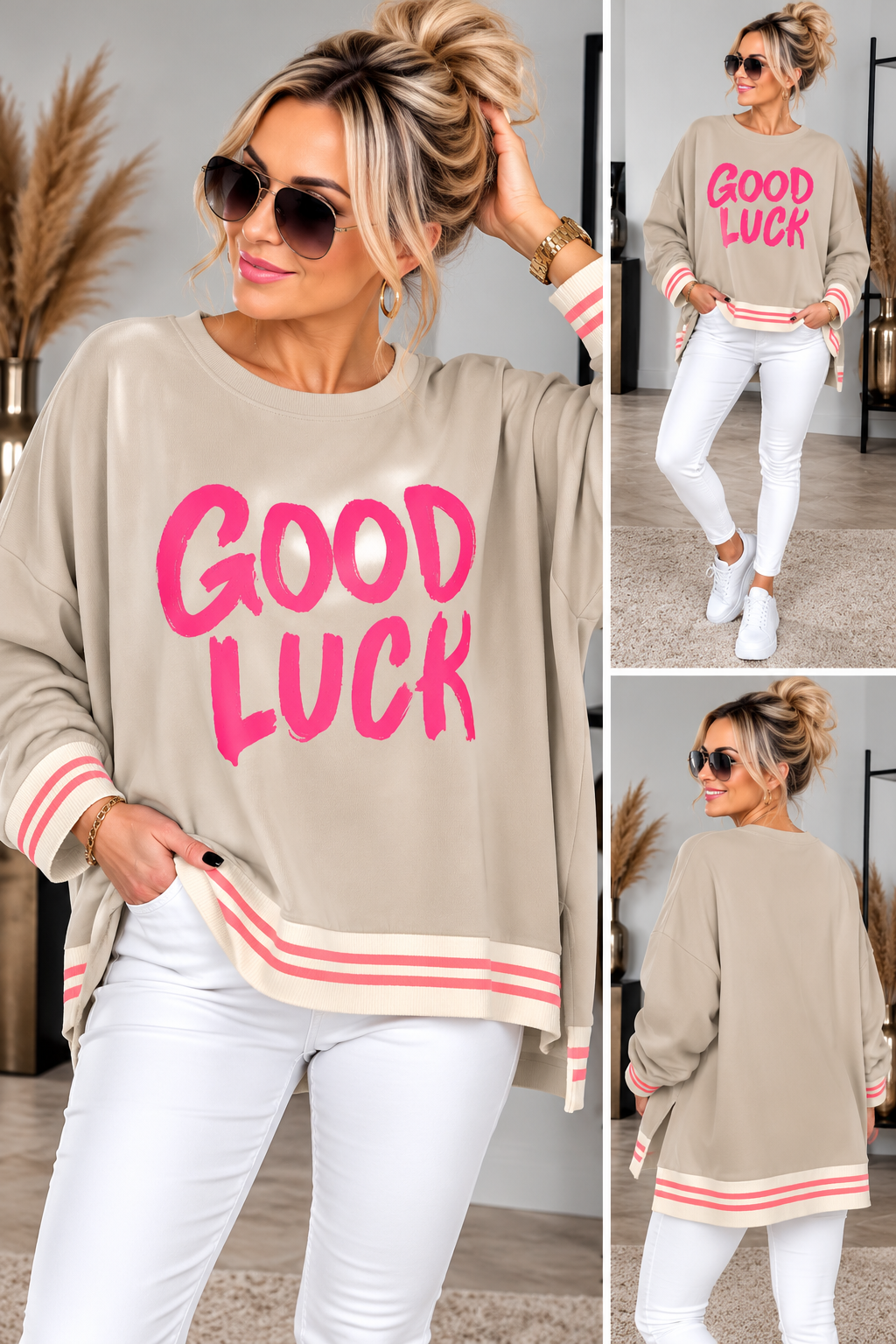 GOOD LUCK Oversize Pullover – Statement Sweater mit Streifenbündchen