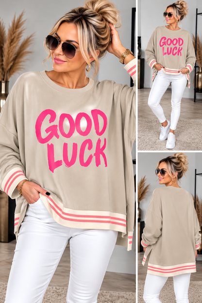 GOOD LUCK Oversize Pullover – Statement Sweater mit Streifenbündchen