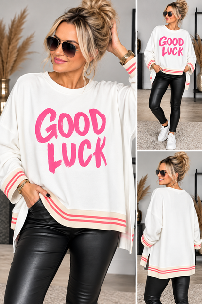 GOOD LUCK Oversize Pullover – Statement Sweater mit Streifenbündchen