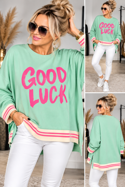 GOOD LUCK Oversize Pullover – Statement Sweater mit Streifenbündchen