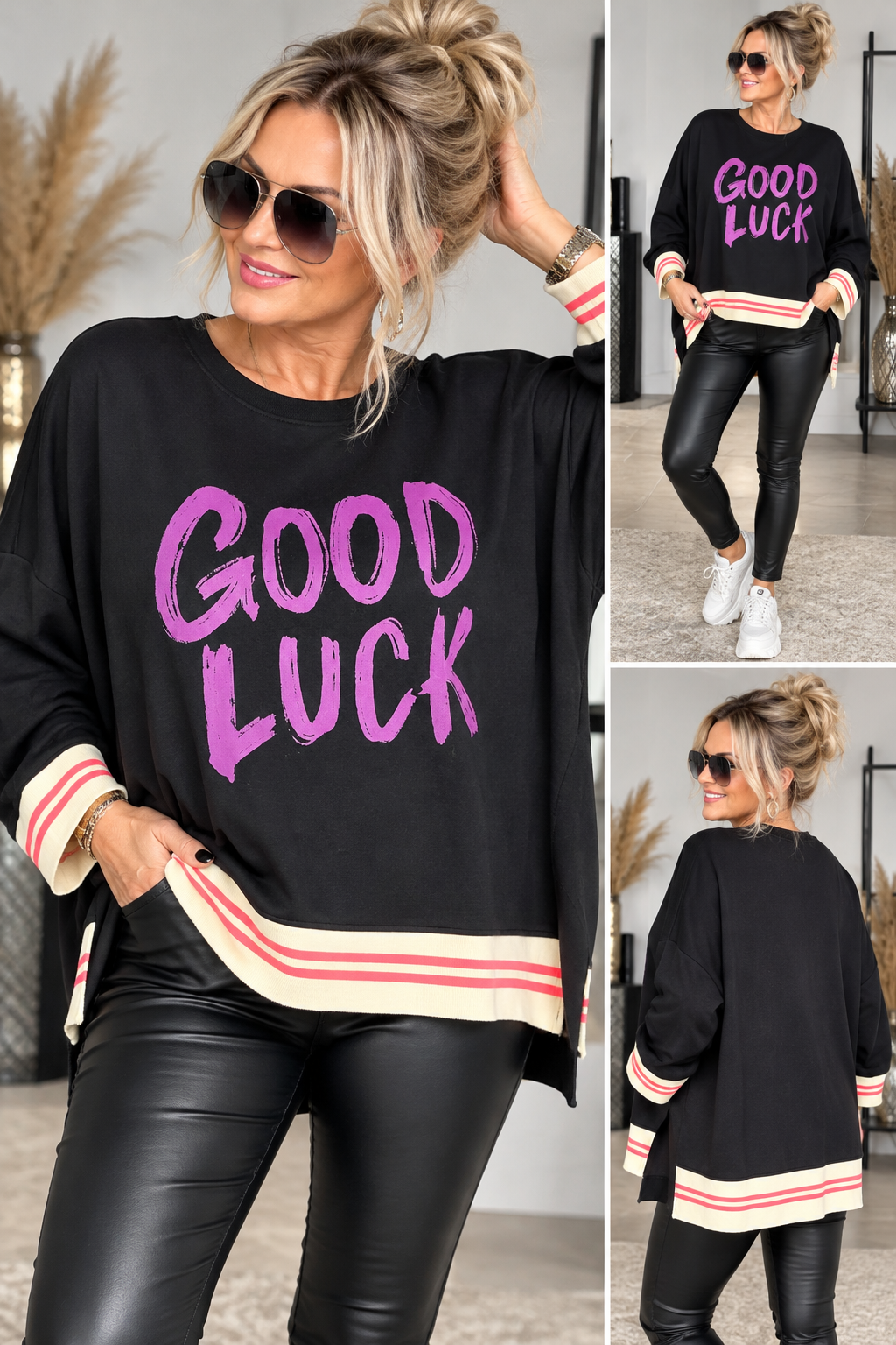GOOD LUCK Oversize Pullover – Statement Sweater mit Streifenbündchen