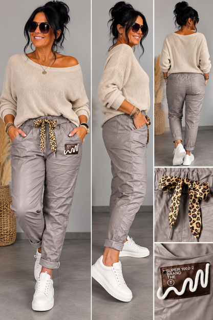 Lederimitat-Hose mit Leo-Bindeband – lässige Jogpants im Lederlook 🐆🤎
