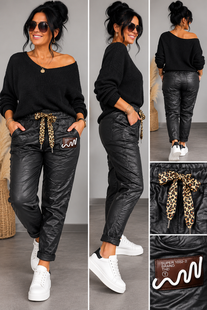 Lederimitat-Hose mit Leo-Bindeband – lässige Jogpants im Lederlook 🐆🤎