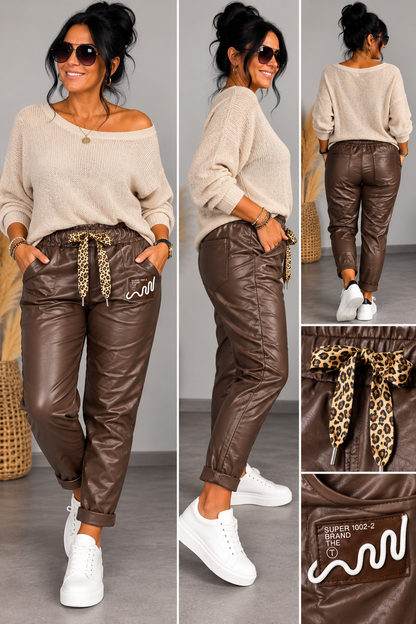 Lederimitat-Hose mit Leo-Bindeband – lässige Jogpants im Lederlook 🐆🤎
