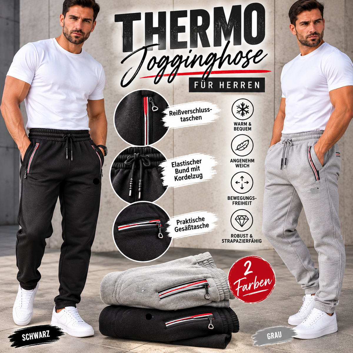 Herren Thermo-Jogginghose – Gefüttert | Schwarz & Grau