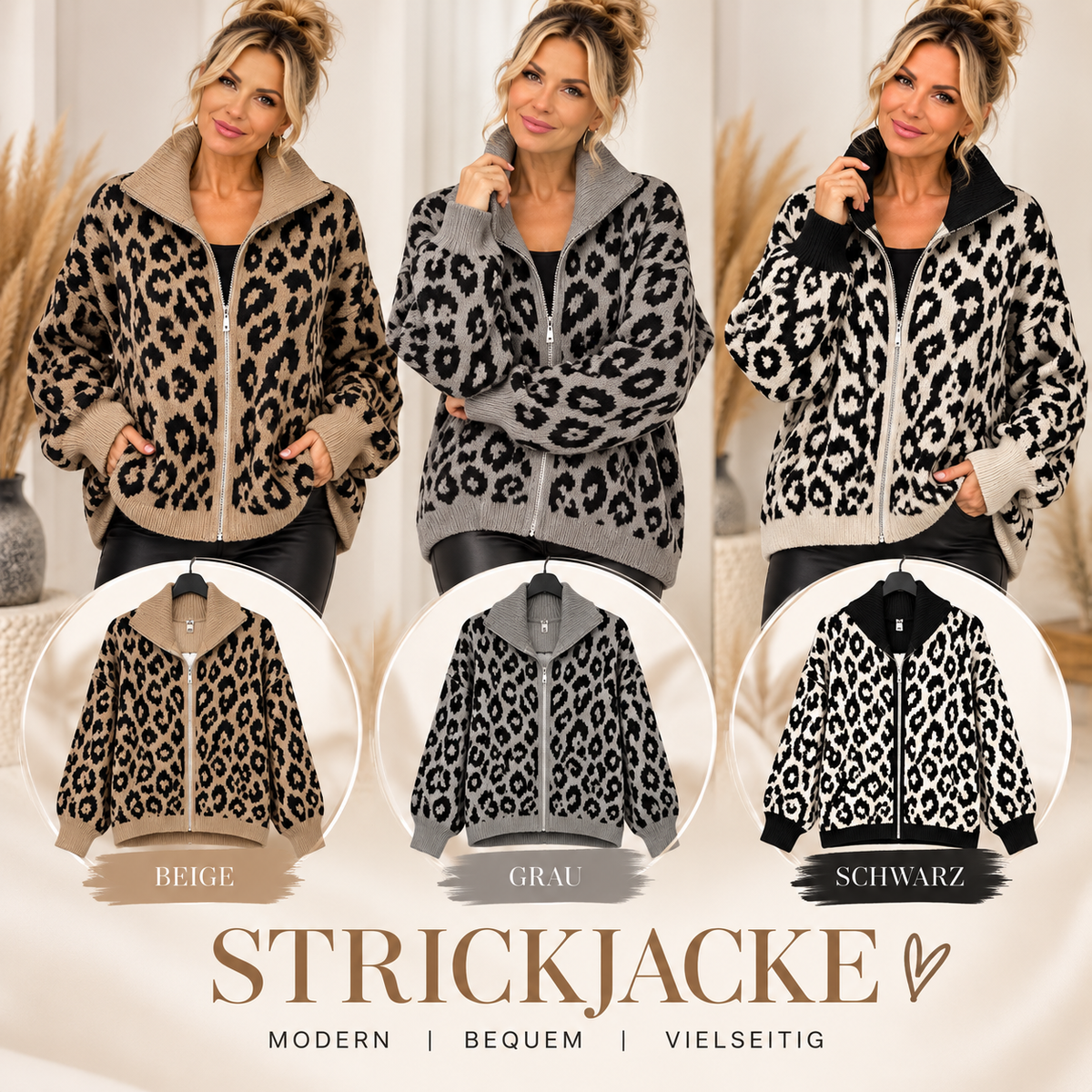 Leo Strickjacke mit Reißverschluss – Oversize