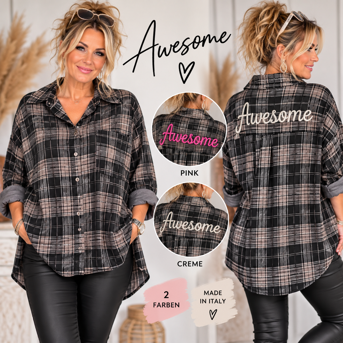 Karierte Damenbluse „Awesome“ – Made in Italy 🩷