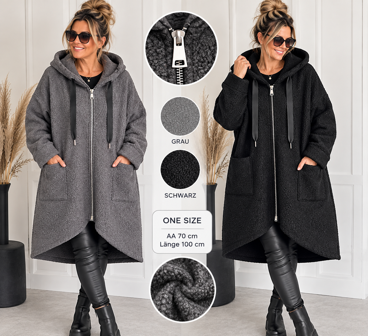 Bouclé Mantel mit Kapuze & Zipper – Oversize Look