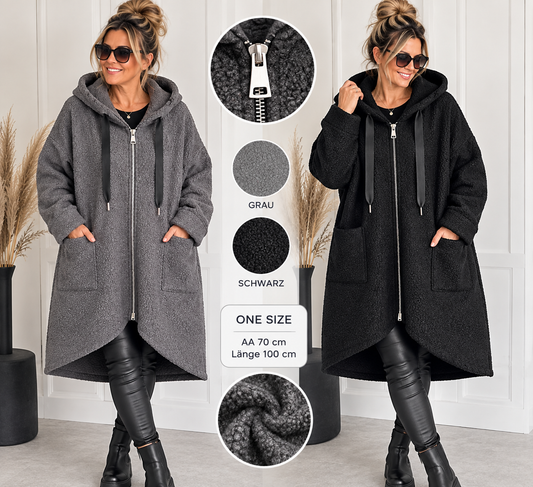 Bouclé Mantel mit Kapuze & Zipper – Oversize Look