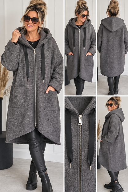 Bouclé Mantel mit Kapuze & Zipper – Oversize Look