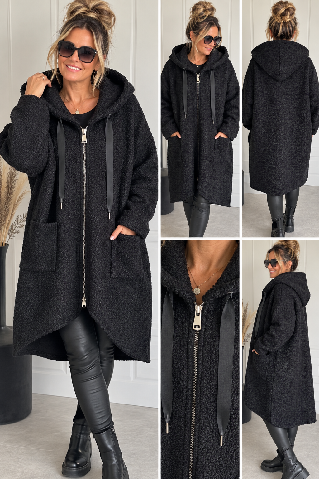 Bouclé Mantel mit Kapuze & Zipper – Oversize Look