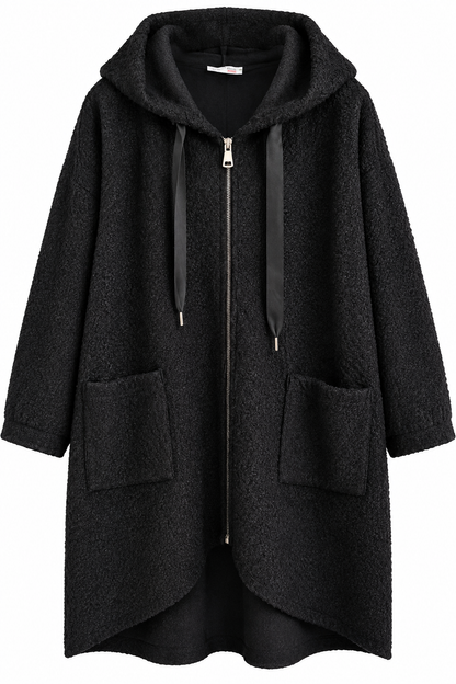 Bouclé Mantel mit Kapuze & Zipper – Oversize Look