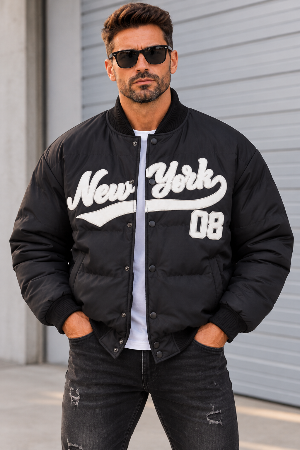 Herren Bomberjacke „New York 08“ – Schwarz | College Style