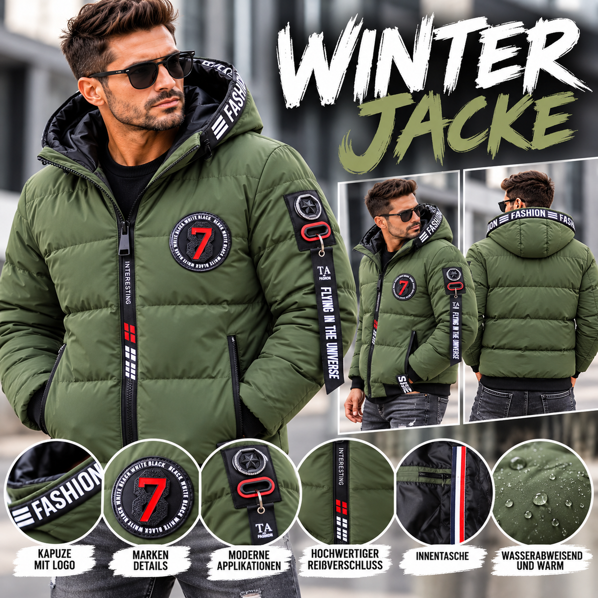 Herren Winterjacke Steppjacke mit Kapuze – Khaki/Olive – M bis 3XL