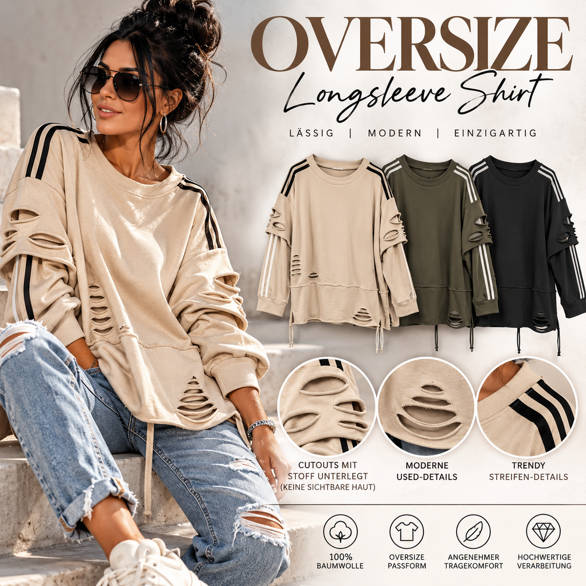 Oversize Langarmshirt „Urban Destroyed“ – 100 % Baumwolle | Made in Italy