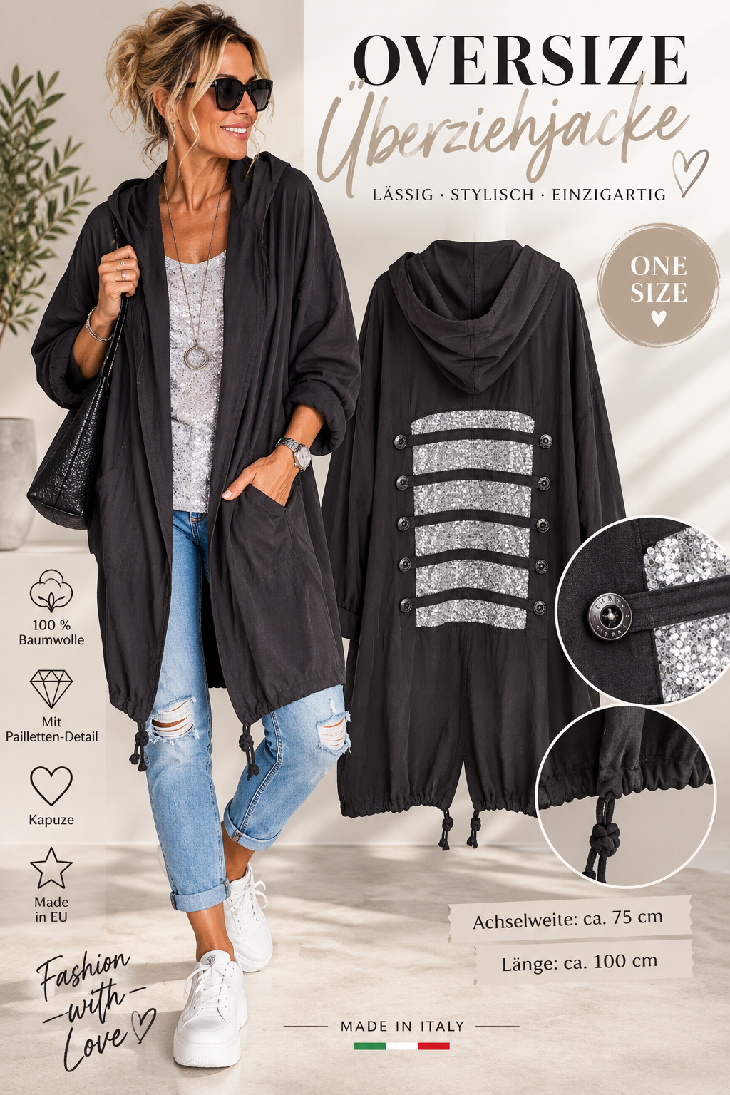 Oversize Überziehjacke mit Kapuze & Pailletten-Detail – Made in Italy