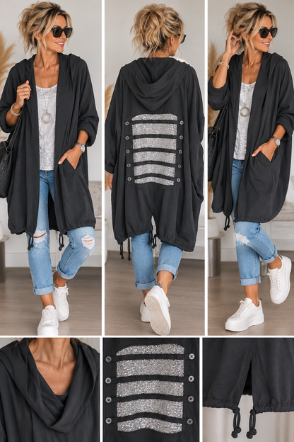 Oversize Überziehjacke mit Kapuze & Pailletten-Detail – Made in Italy