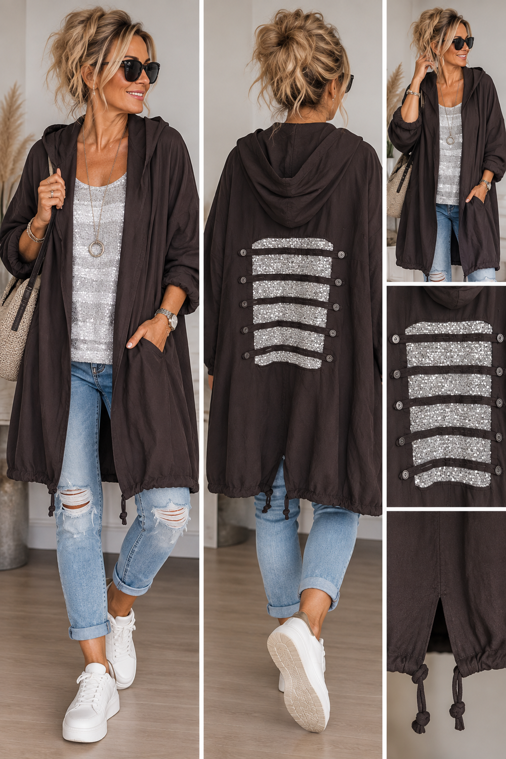 Oversize Überziehjacke mit Kapuze & Pailletten-Detail – Made in Italy