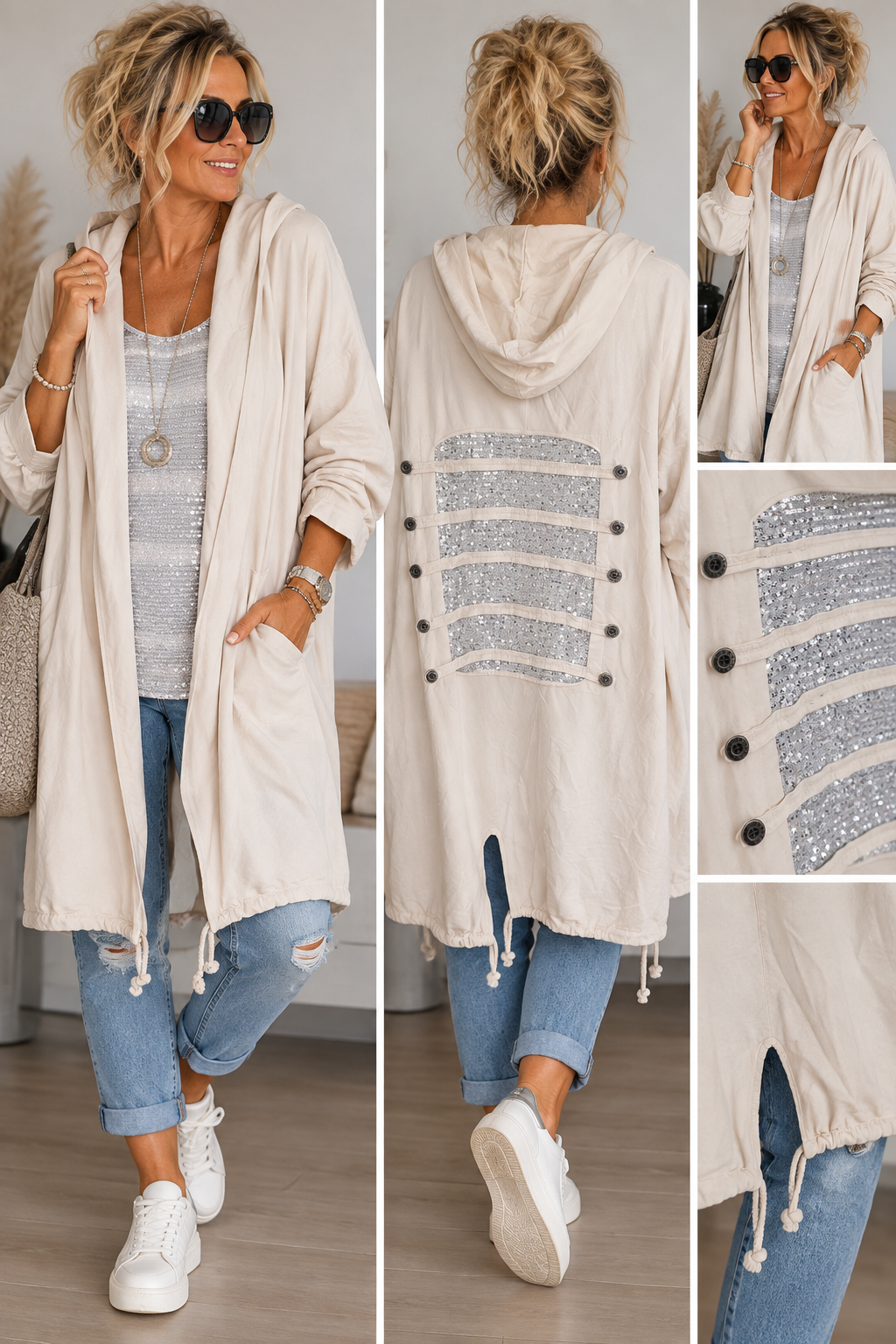 Oversize Überziehjacke mit Kapuze & Pailletten-Detail – Made in Italy
