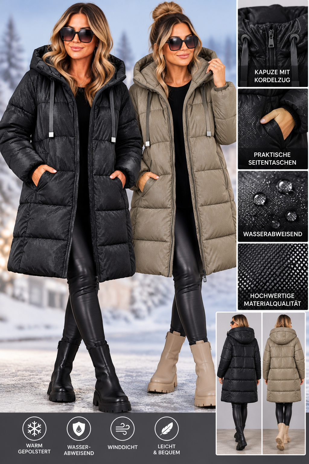 Damen Winterparka mit Kapuze – Schimmernde Steppjacke | Schwarz & Taupe