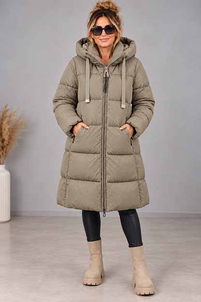 Damen Winterparka mit Kapuze – Schimmernde Steppjacke | Schwarz & Taupe