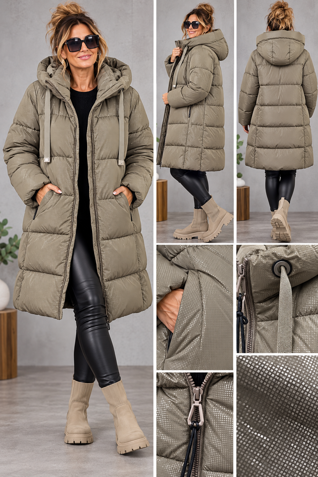 Damen Winterparka mit Kapuze – Schimmernde Steppjacke | Schwarz & Taupe