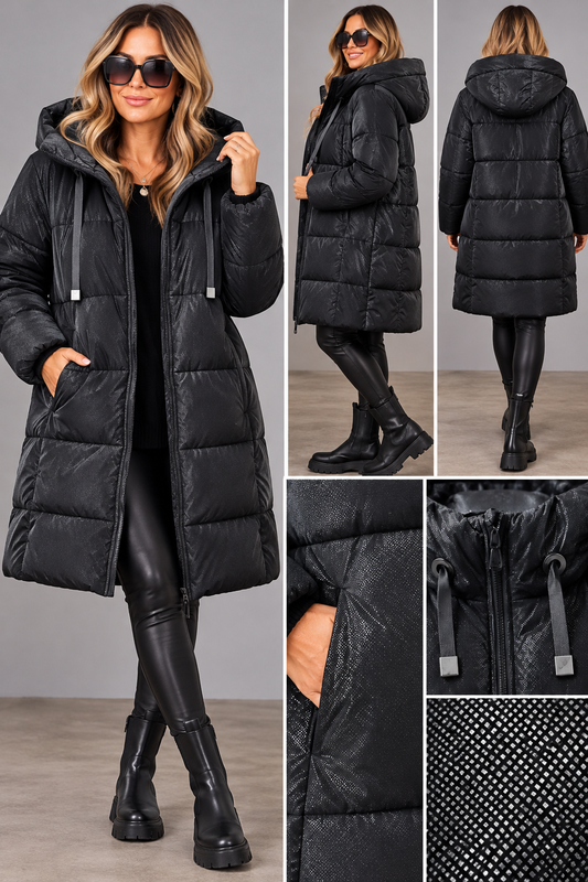 Damen Winterparka mit Kapuze – Schimmernde Steppjacke | Schwarz & Taupe
